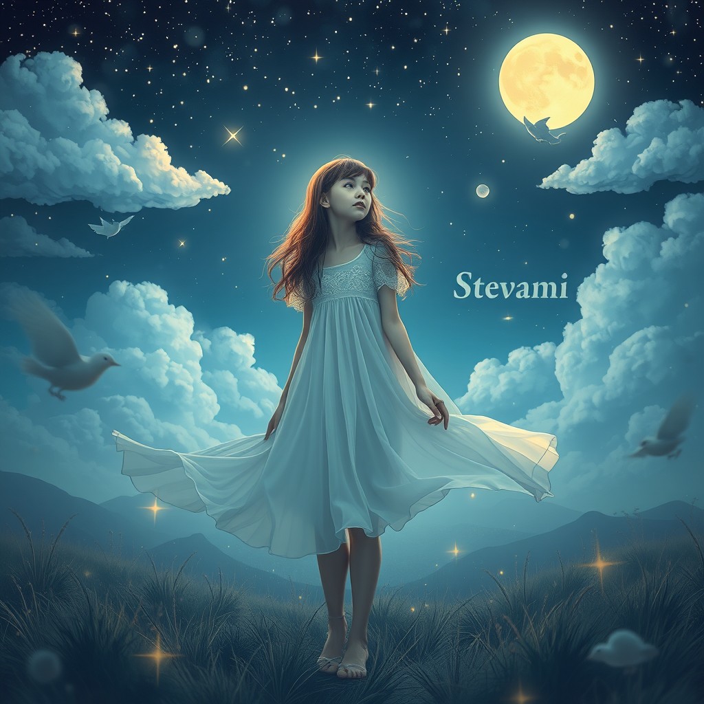 A dreamy, ethereal landscape at night featuring a young woman named Stevani, who embodies the essence of a dreamer