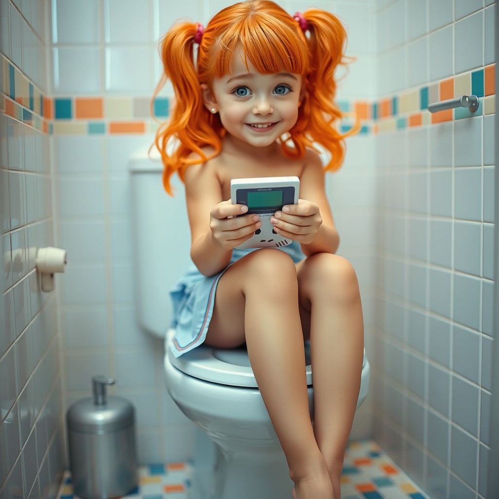 A cute girl with bright orange hair, wearing a miniskirt, sitting on a toilet, playing with a Game Boy