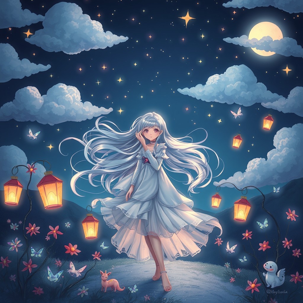A whimsical and magical night scene featuring a character named Stevani, who embodies the essence of dream lovers