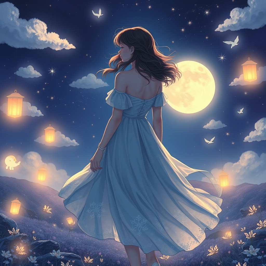 A young woman named Stevani, with her back facing the viewer, standing in a dreamy landscape at night