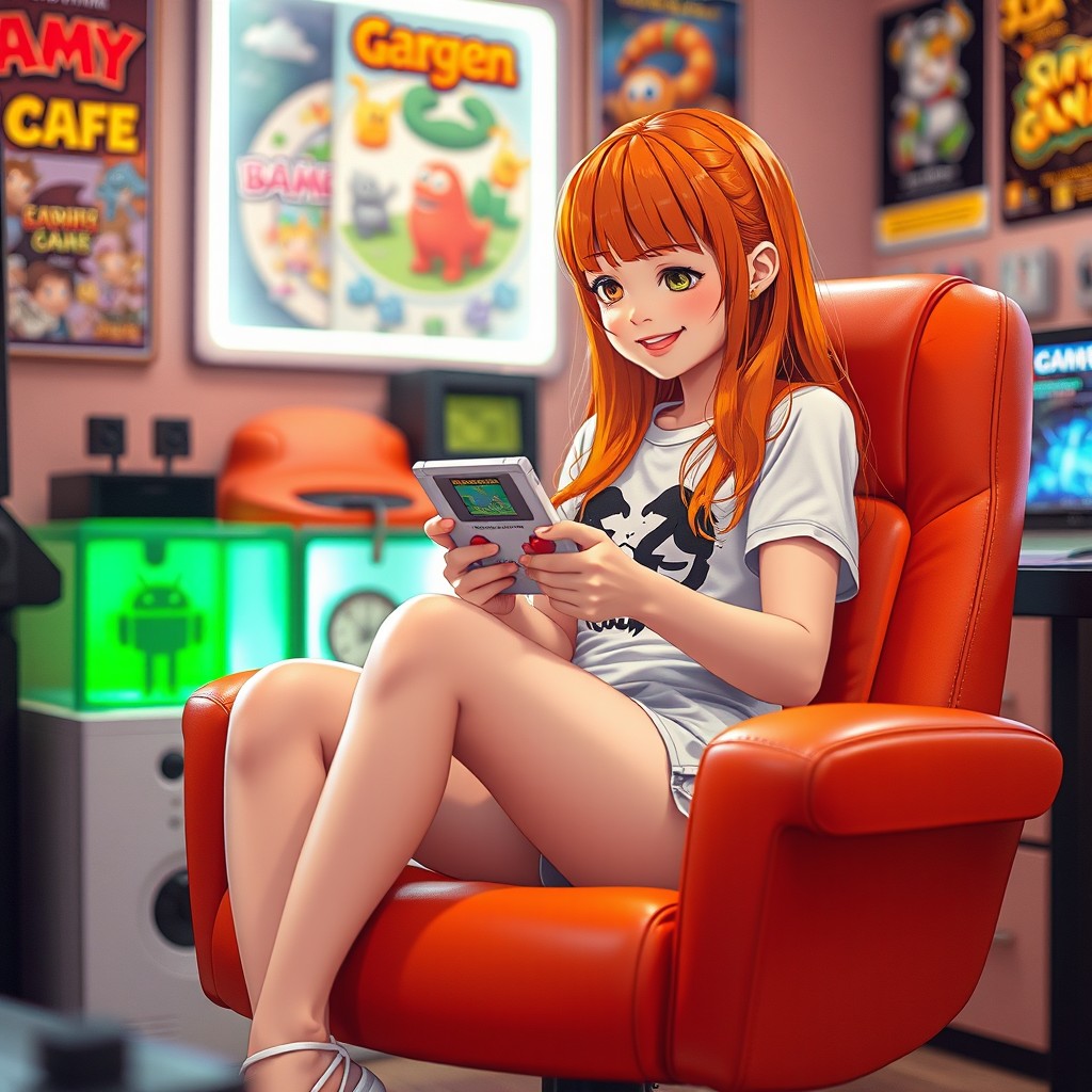 A cute girl with vibrant orange hair, wearing a mini skirt that showcases her lovely legs, sitting comfortably in a gaming chair while playing a Game Boy