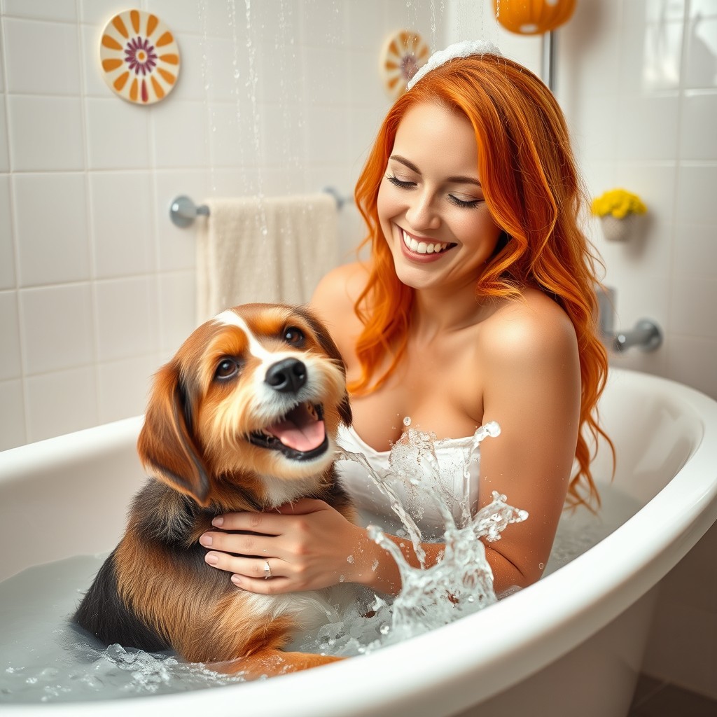 A beautiful woman with vibrant orange hair enjoying a playful moment while showering with her dog in a stylish bathtub