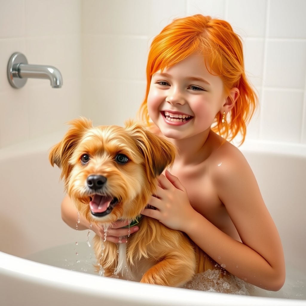 A cute girl with vibrant orange hair playfully showering with her dog in a bathtub