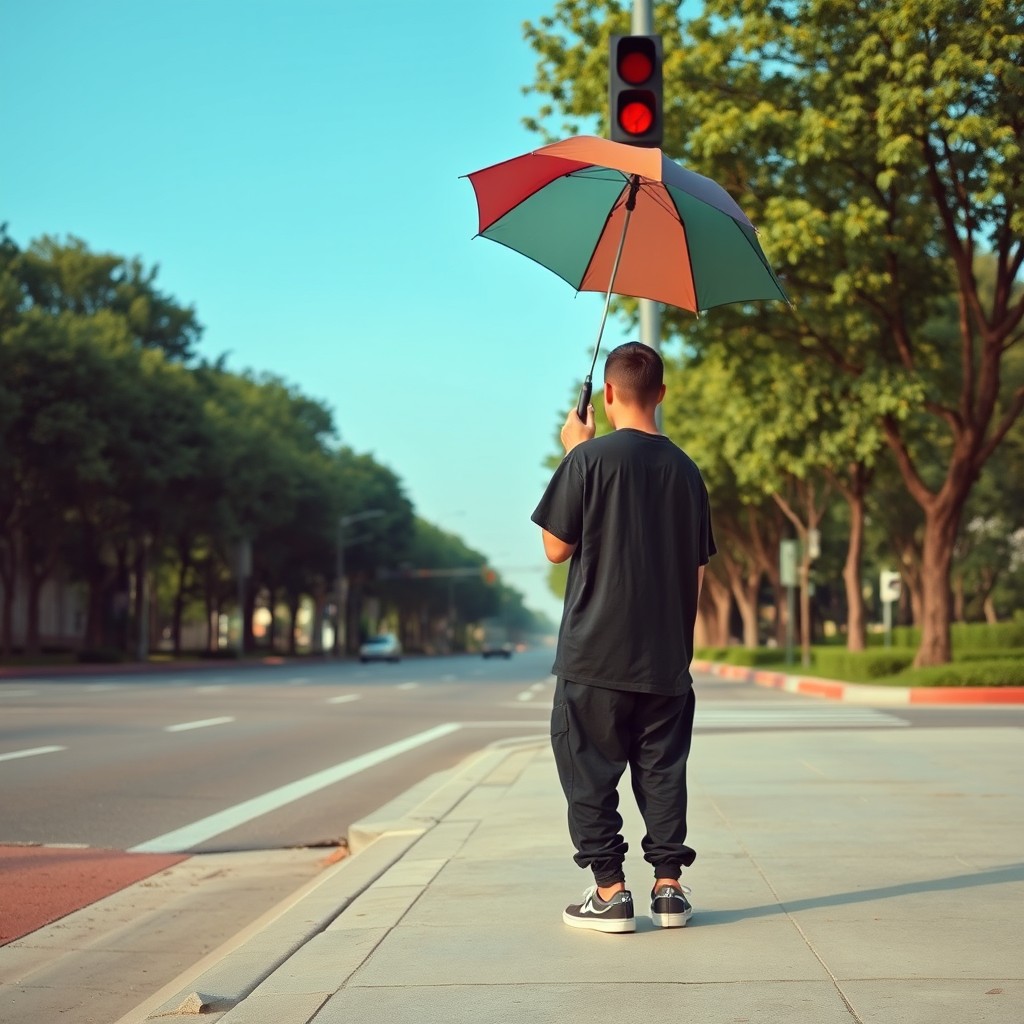 A person wearing an oversized black t-shirt, baggy pants, and sneakers is standing on a sidewalk, holding an umbrella, poised to cross the road at a red light