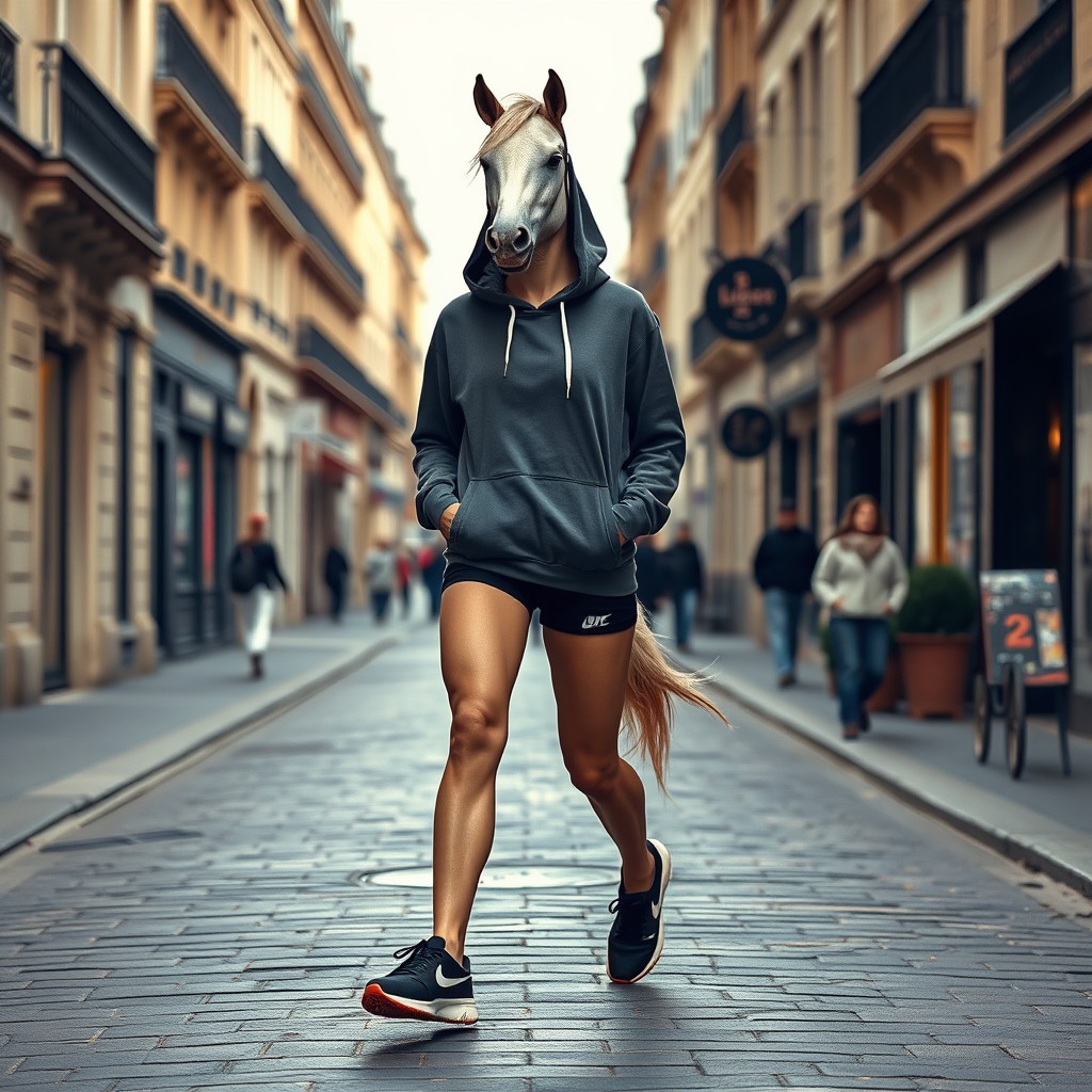 A human female with a horse-like face and body, showcasing a slim and athletic figure, confidently walking the picturesque streets of Paris