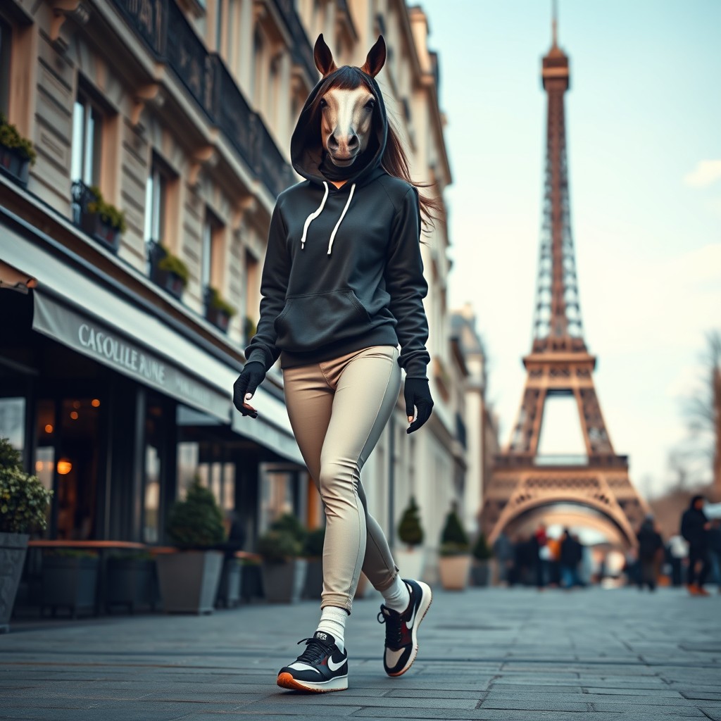 A human female with a horse-like face and body, showcasing a slim and athletic build, confidently walking the stylish streets of Paris