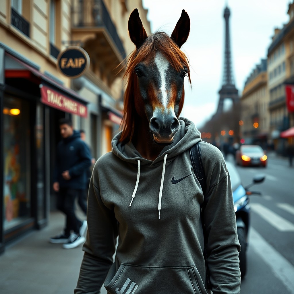 A striking scene depicting a human female with an equine-like face and body, slim and athletic, confidently walking the streets of Paris