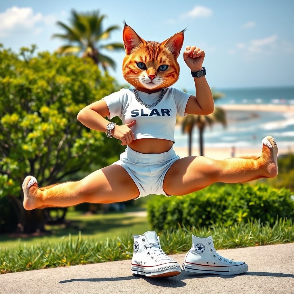 A humanoid female cat with a cat-like face and body, smiling but maintaining a serious expression