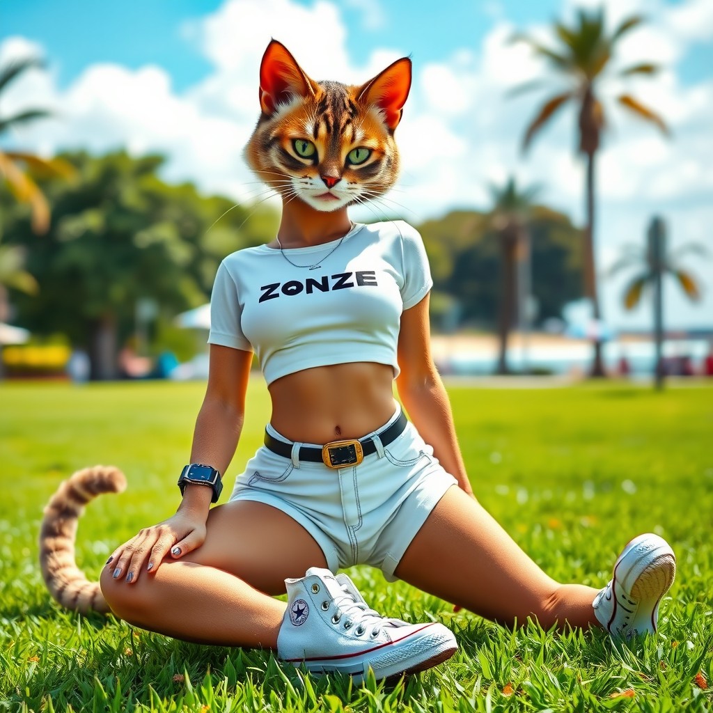 A humanoid female cat with a sleek, cat-like body and a feline face
