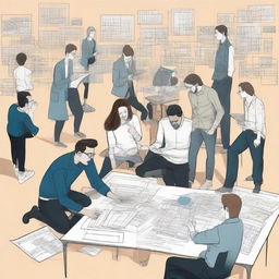 An architecture design studio filled with students and instructors, showing various instances of apparent miscommunication like misunderstood gestures, perplexed expressions, mismatched blueprints, and creative chaos.