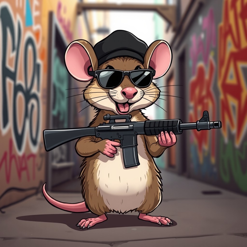 Urban Adventure: A Cool Cartoon Rat with a Rifle