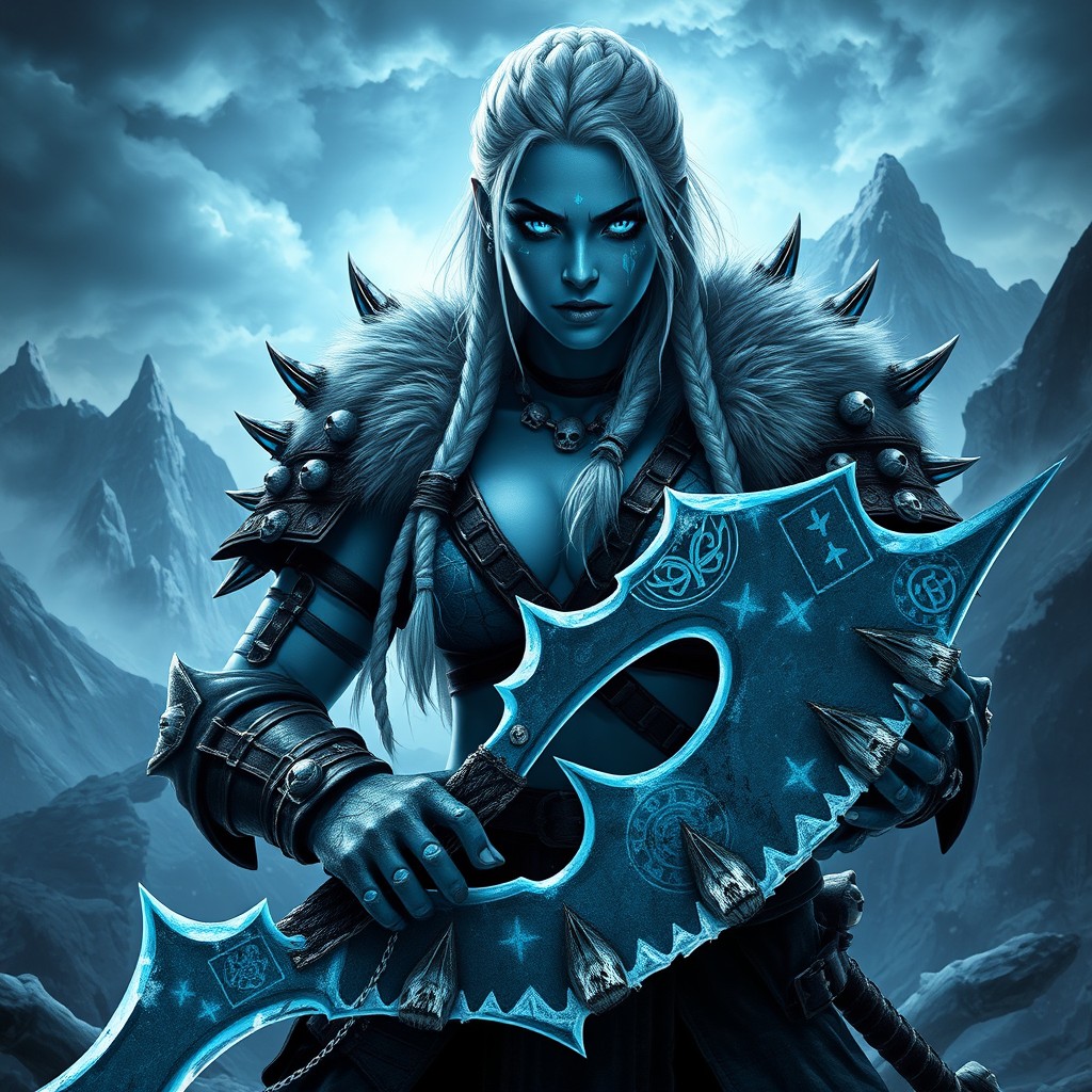 A fierce female warrior, a berserker from Frosthaven in a dark fantasy setting