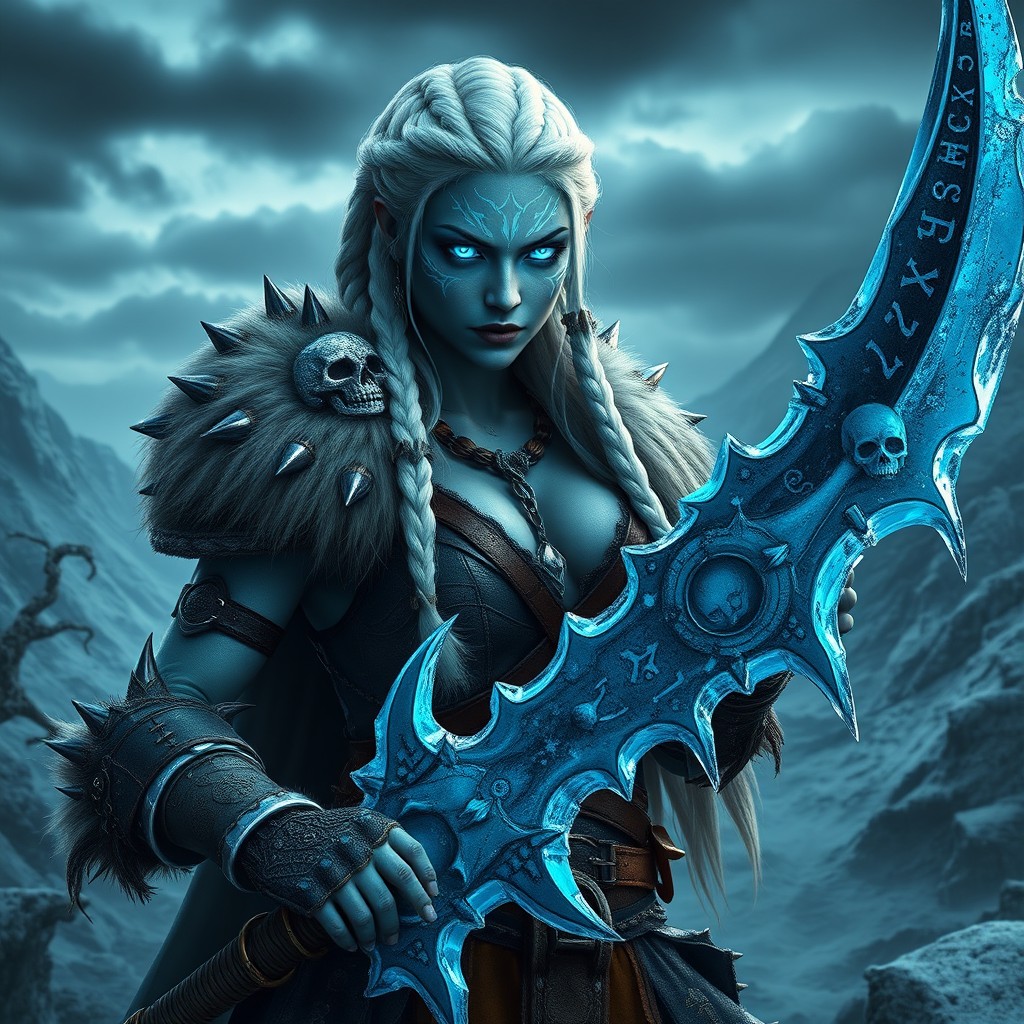 A fierce female warrior, a berserker from Frosthaven in a dark fantasy setting