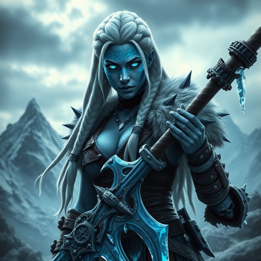 A fierce female warrior, a berserker from Frosthaven in a dark fantasy setting