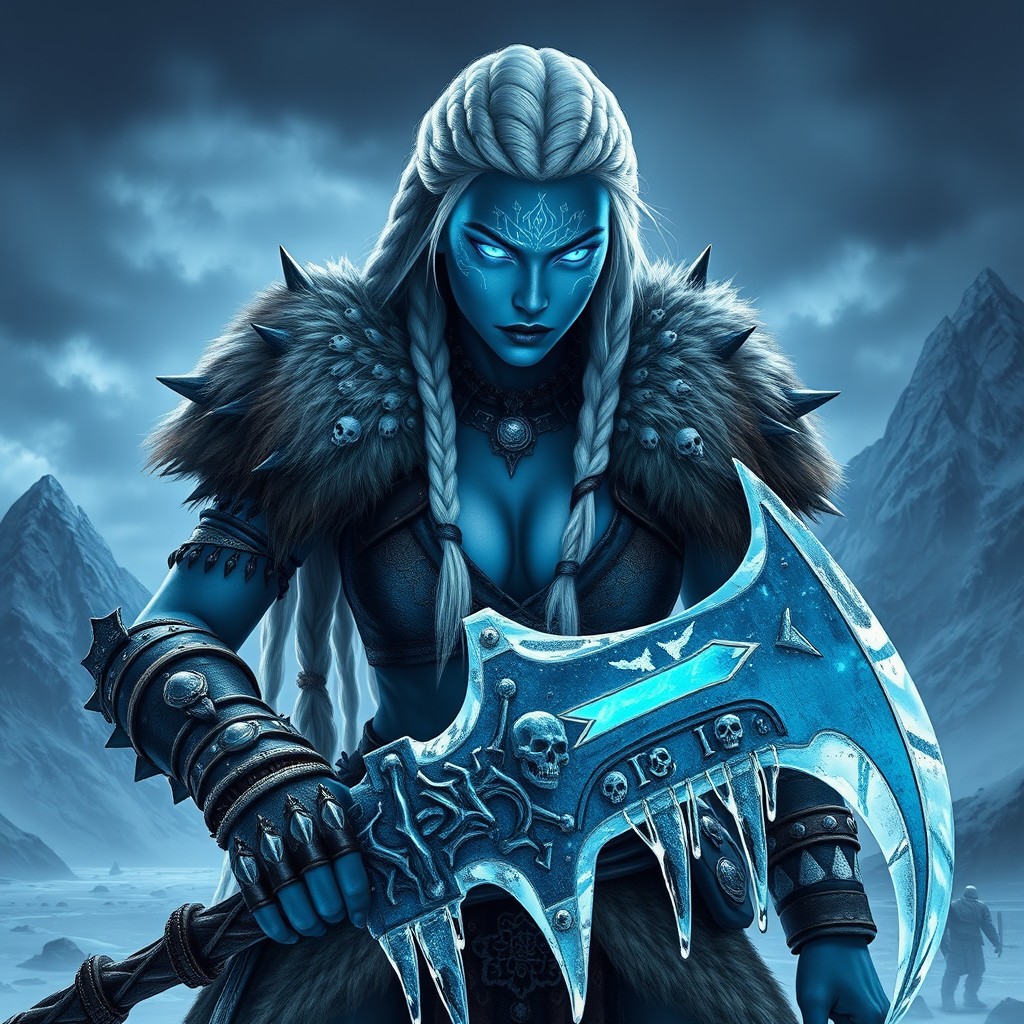 A fierce female warrior, a berserker from Frosthaven in a dark fantasy setting, possessing long white braided hair and glowing blue eyes