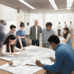 An architecture design studio filled with students and instructors, showing various instances of apparent miscommunication like misunderstood gestures, perplexed expressions, mismatched blueprints, and creative chaos.