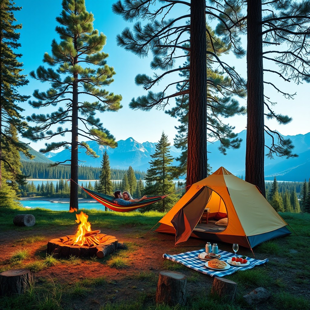 A serene camping scene in a lush green forest, featuring a cozy tent set up near a sparkling blue river