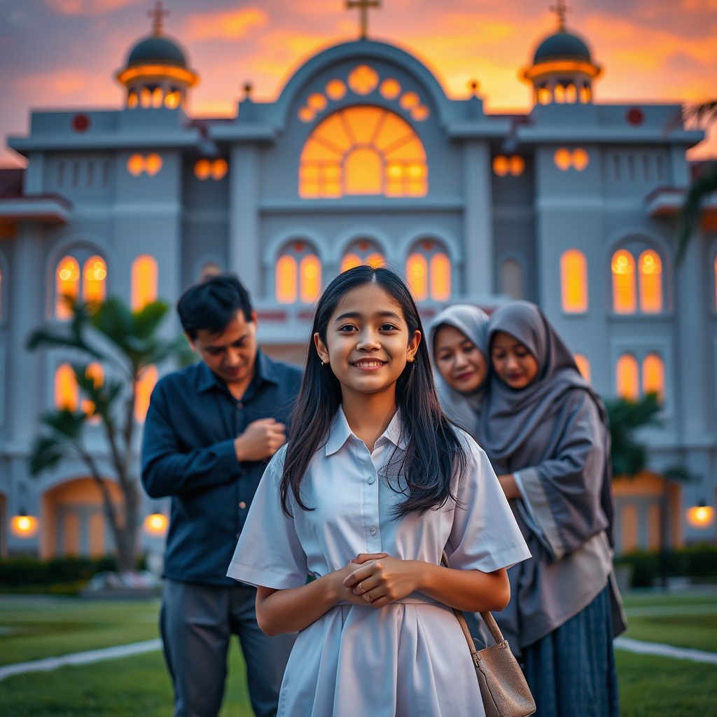 A majestic modern pesantren building in the background, illuminated by warm sunset light with hues of orange and soft purple