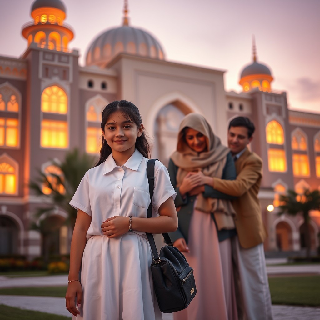 A magnificent modern Islamic boarding school building in the background, illuminated by warm sunset light with orange and light purple hues