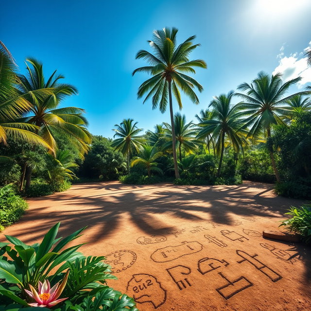 Ancient geoglyphs on the island of São Tomé in Guinea-Bissau, beautifully intricate and mysterious earth drawings spread across an archaeological site, surrounded by a lush tropical landscape filled with vibrant green foliage, towering palm trees, and exotic flowers