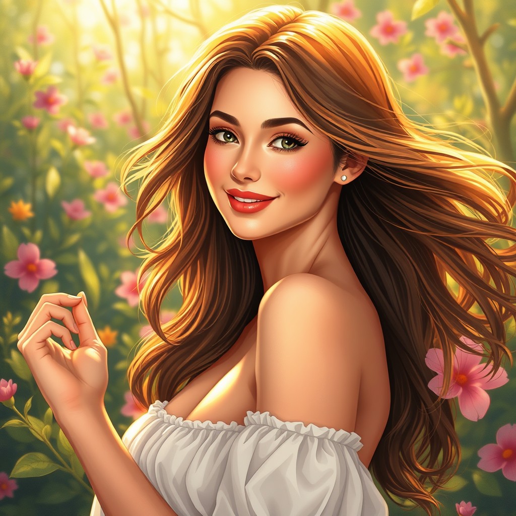 A beautiful woman posing confidently, showcasing her elegance and grace, with flowy hair, soft facial features, and an alluring smile