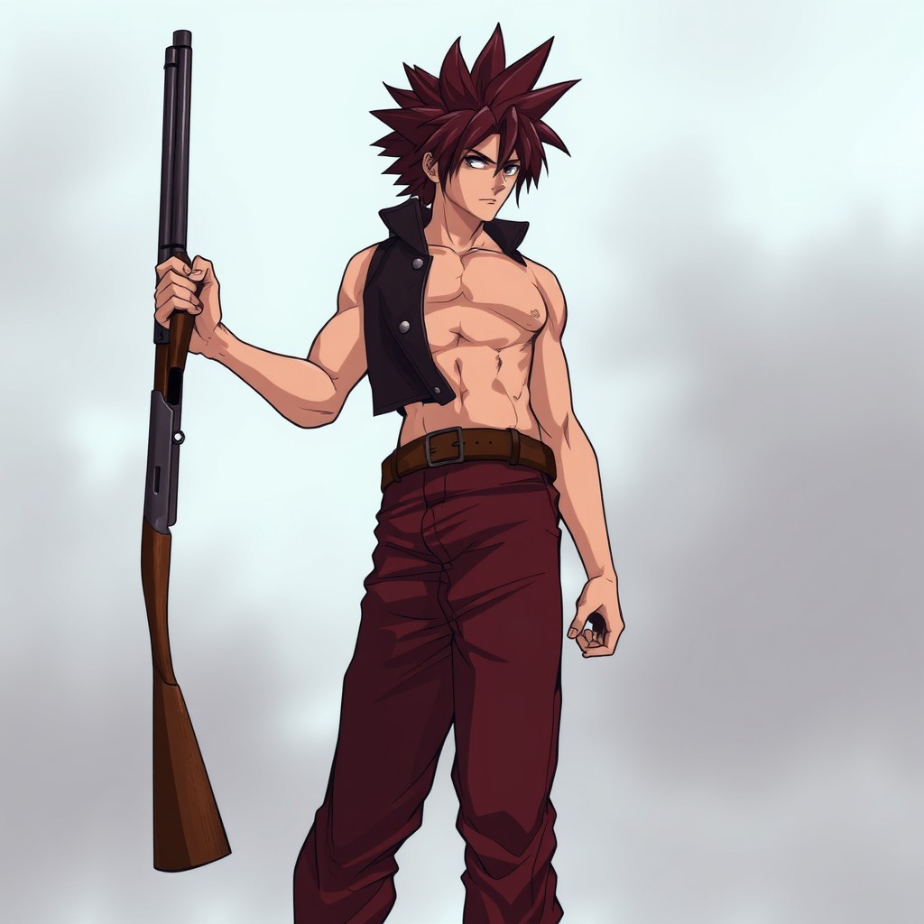 A tall anime character inspired by DMC, dressed in burgundy pants and a leather belt, showcasing a muscular bare torso