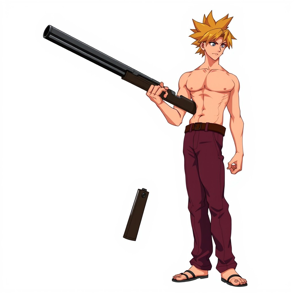 A tall anime character inspired by DMC, dressed in burgundy pants and a leather belt, featuring a muscular bare torso