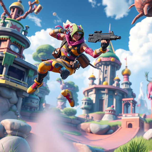 A dynamic and intense scene showcasing a character from Fortnite in action, performing an impressive solo combo move