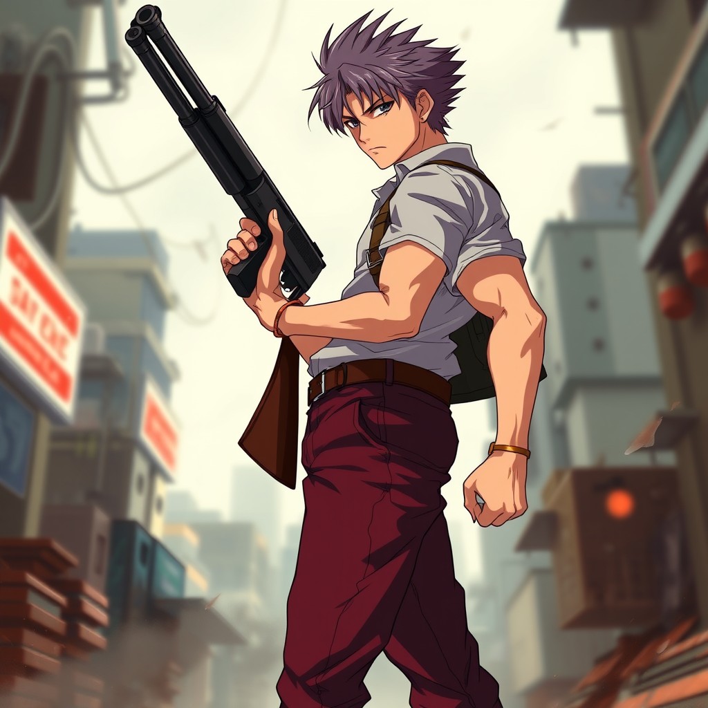 A tall anime character inspired by DMC (Devil May Cry), wearing burgundy pants and a leather belt, standing with his right side towards the viewer