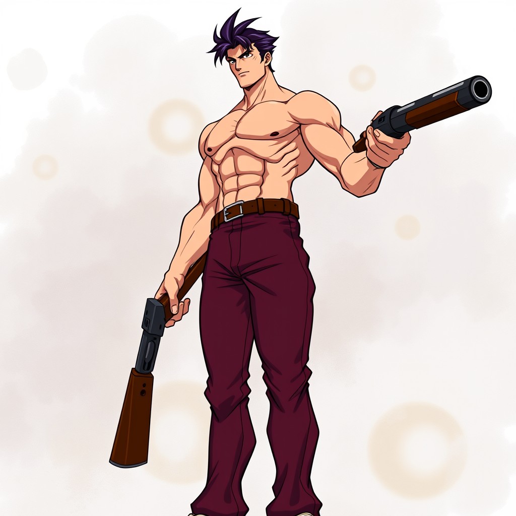 A tall anime character inspired by JoJo's Bizarre Adventure, wearing burgundy pants and a leather belt, standing with his right side towards the viewer
