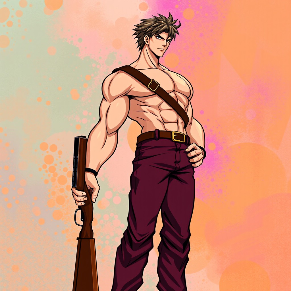 A tall anime character inspired by JoJo's Bizarre Adventure, dressed in burgundy pants and a leather belt, standing with his right side facing the viewer