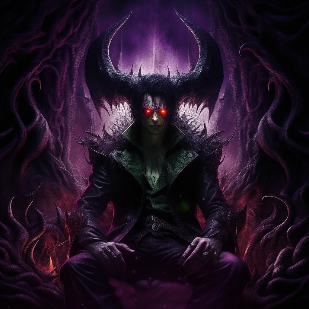 The embodiment of evil as a genius, intensified malevolence radiating around him. His fiery eyes and elaborate, eerie lair are washed in a dramatic color scheme, a blend of sinister purples, ghostly greens, and daunting blacks heightening the terrifying atmosphere.