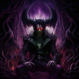 The embodiment of evil as a genius, intensified malevolence radiating around him. His fiery eyes and elaborate, eerie lair are washed in a dramatic color scheme, a blend of sinister purples, ghostly greens, and daunting blacks heightening the terrifying atmosphere.