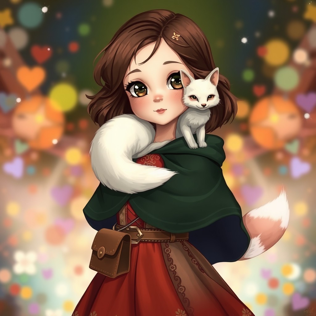 In a spellbinding style, a young girl with lovely brown shoulder-length hair and sparkling brown eyes stands enchantingly