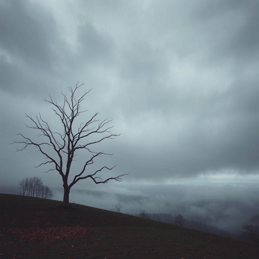 A somber and melancholic landscape, featuring a gray, overcast sky filled with dark clouds
