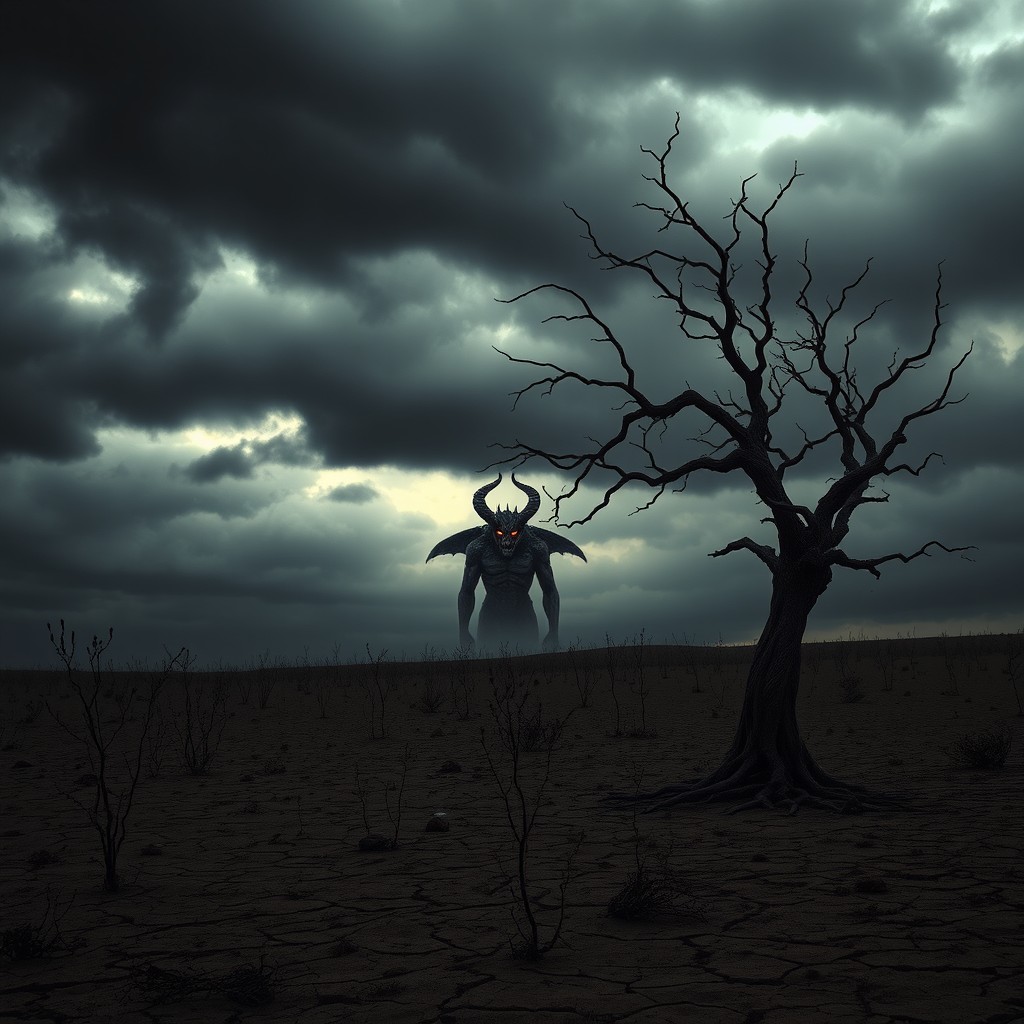 A somber, melancholic landscape featuring dark clouds looming over a barren, desolate field