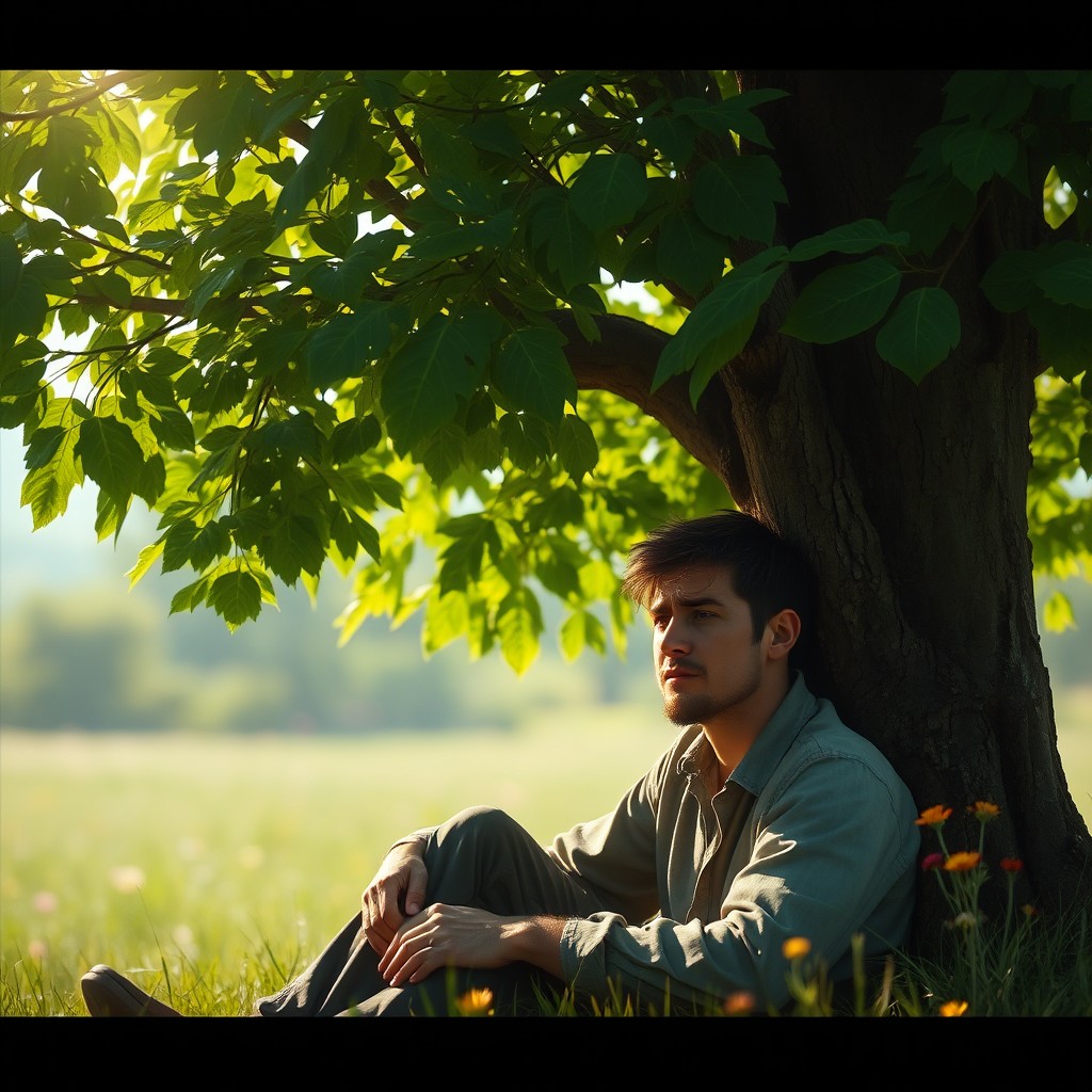 A serene landscape depicting a solitary man crying under a large, lush tree