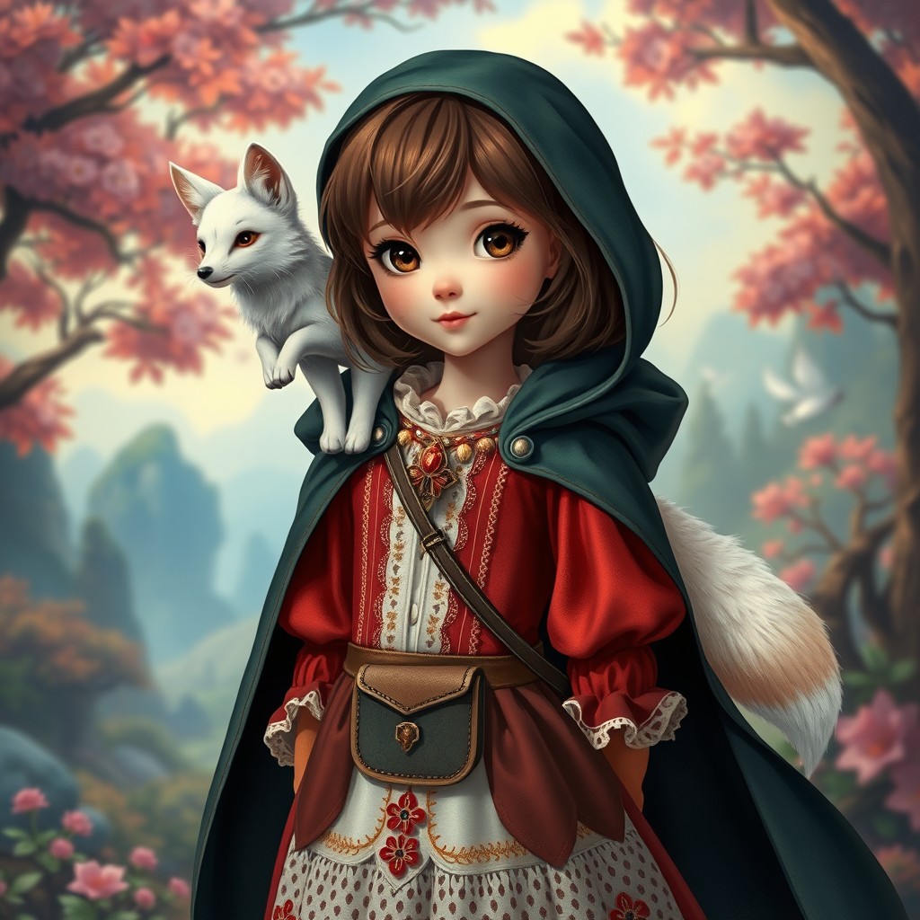 In a spellbinding style, a young girl with lovely brown shoulder-length hair and twinkling brown eyes stands in a whimsical pose
