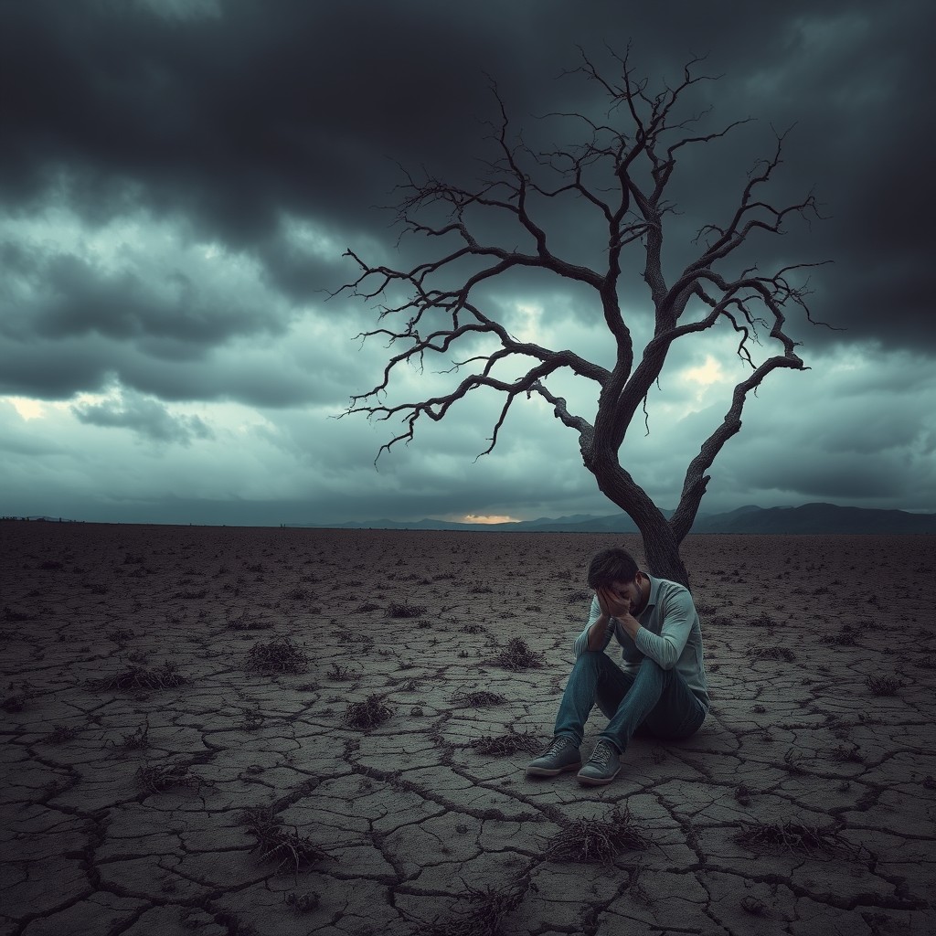 A somber, melancholic landscape featuring dark clouds looming over a barren, desolate field