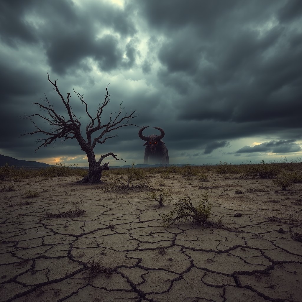 A somber, melancholic landscape featuring dark clouds looming over a barren, desolate field