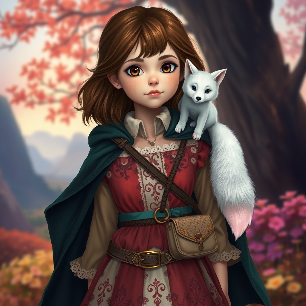 In a spellbinding style, a young girl with enchanting brown shoulder-length hair and sparkling brown eyes stands gracefully