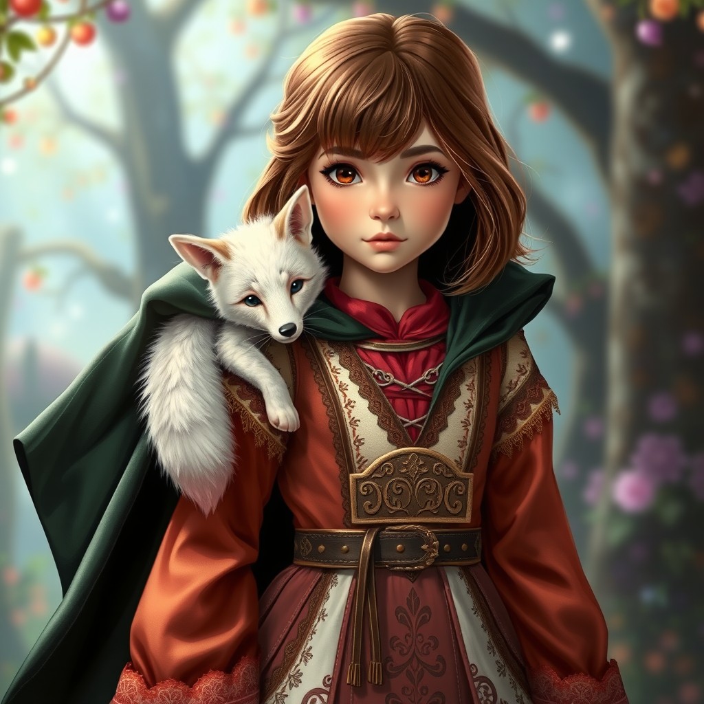 In a spellbinding style, a young girl with beautiful brown shoulder-length hair and enchanting brown eyes stands gracefully
