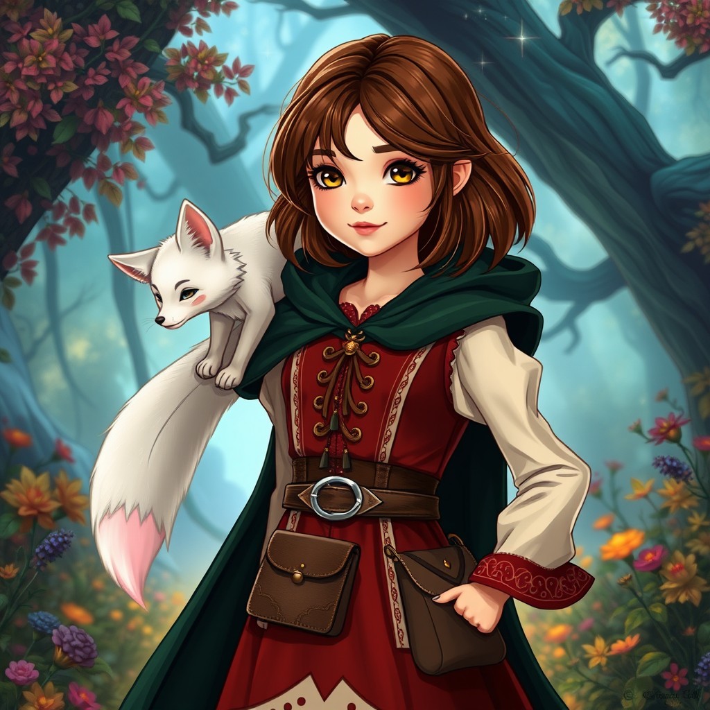 In a spellbinding style, a young girl with brown shoulder-length hair and warm brown eyes stands enchantingly