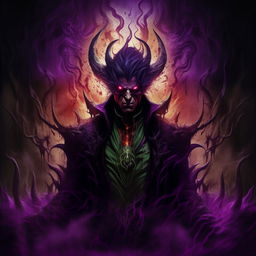 The embodiment of evil as a genius, intensified malevolence radiating around him. His fiery eyes and elaborate, eerie lair are washed in a dramatic color scheme, a blend of sinister purples, ghostly greens, and daunting blacks heightening the terrifying atmosphere.