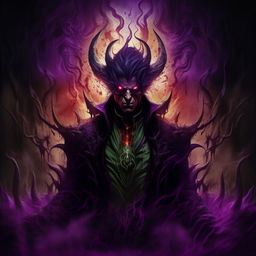 The embodiment of evil as a genius, intensified malevolence radiating around him. His fiery eyes and elaborate, eerie lair are washed in a dramatic color scheme, a blend of sinister purples, ghostly greens, and daunting blacks heightening the terrifying atmosphere.