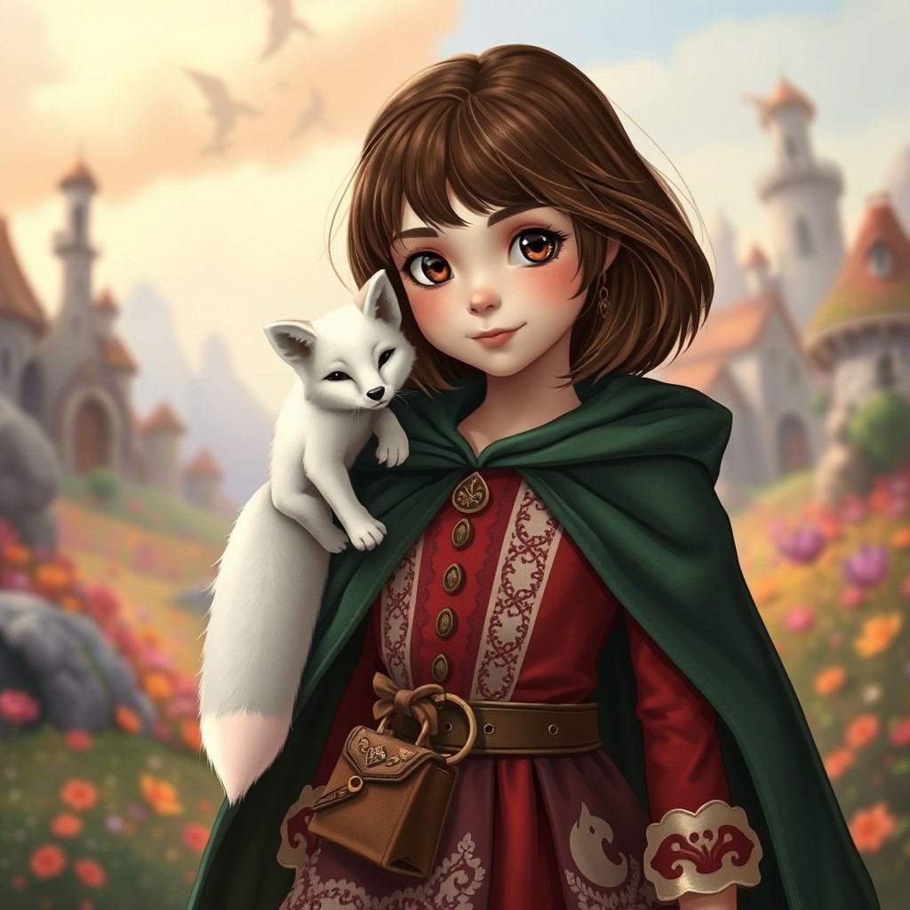 In a spellbinding style, a young girl with beautiful brown shoulder-length hair and sparkling brown eyes stands gracefully