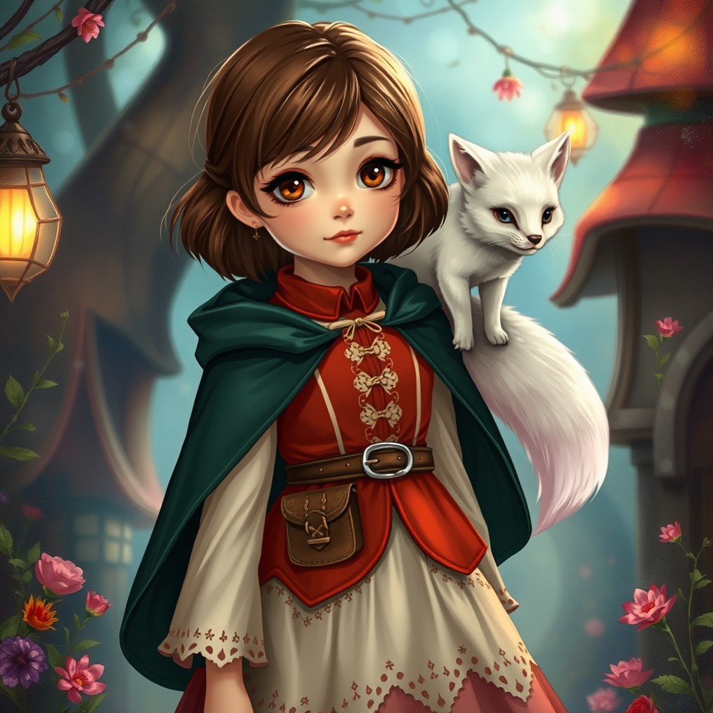 In a spellbinding style, a young girl with lovely brown shoulder-length hair and soulful brown eyes stands amidst a whimsical setting