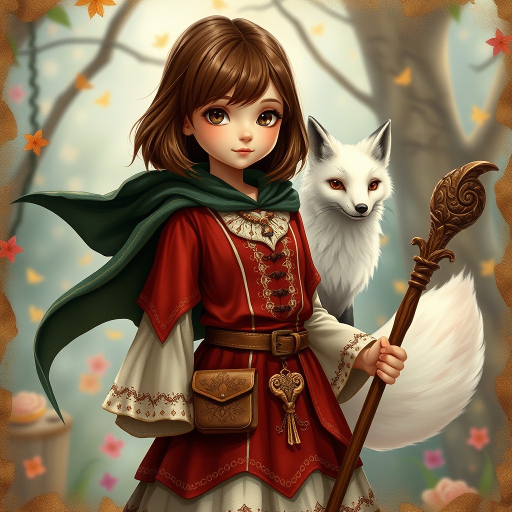 In a spellbinding style, a young girl with brown shoulder-length hair and warm brown eyes stands confidently
