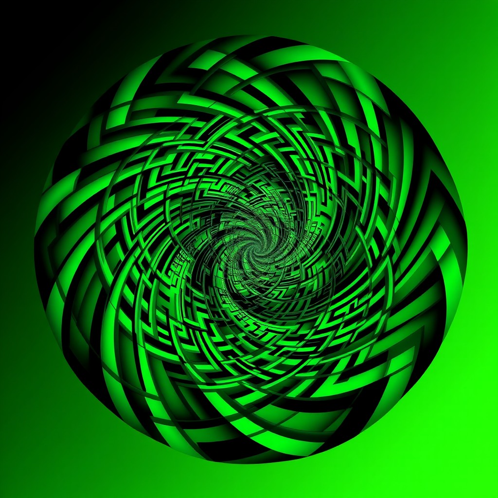 An optical illusion featuring a captivating blend of green and black colors, showcasing intricate geometric patterns that twist and turn in a mesmerizing way, creating depth and movement