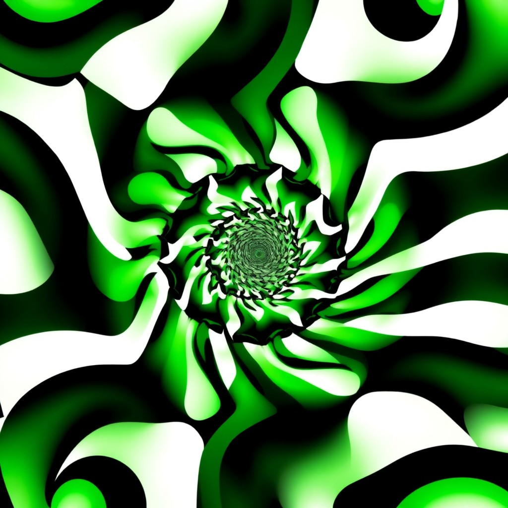 A mesmerizing optical illusion artwork in vivid shades of green and black, featuring intricate geometric patterns that create a sense of depth and movement